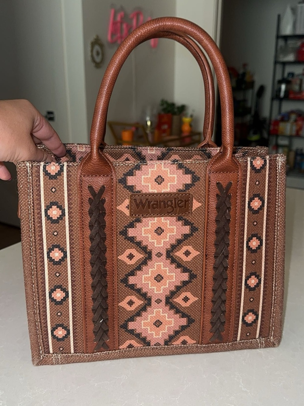 Wrangler Brown and Pink Geometric Embroidered Tote